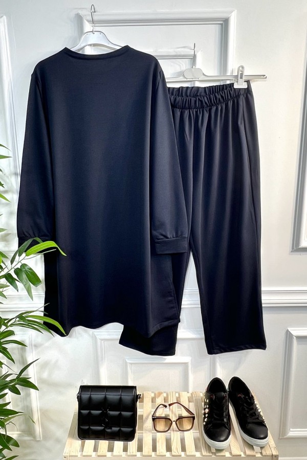 Kare Taş Detaylı Penye İkili Takım - Lacivert Kare Taş Detaylı Penye İkili Takım - Lacivert