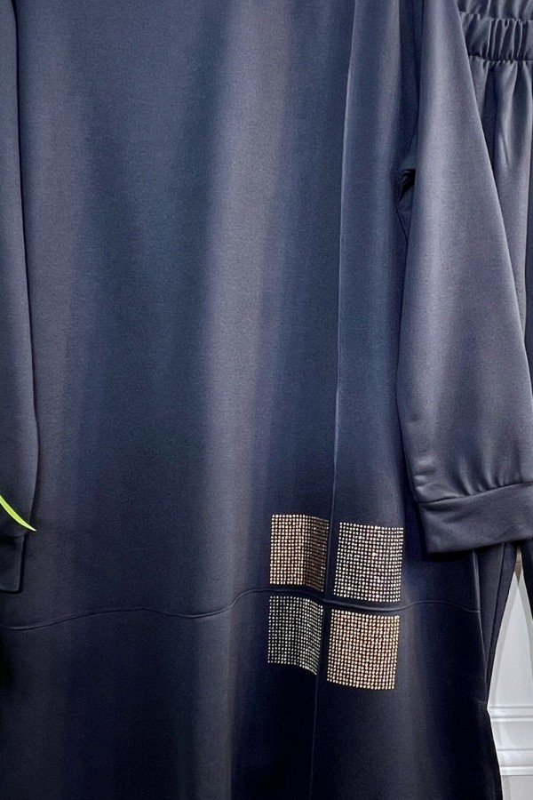 Kare Taş Detaylı Penye İkili Takım - Lacivert Kare Taş Detaylı Penye İkili Takım - Lacivert