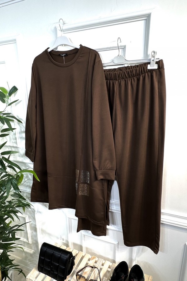 Kare Taş Detaylı Penye İkili Takım - Kahverengi Kare Taş Detaylı Penye İkili Takım - Kahverengi