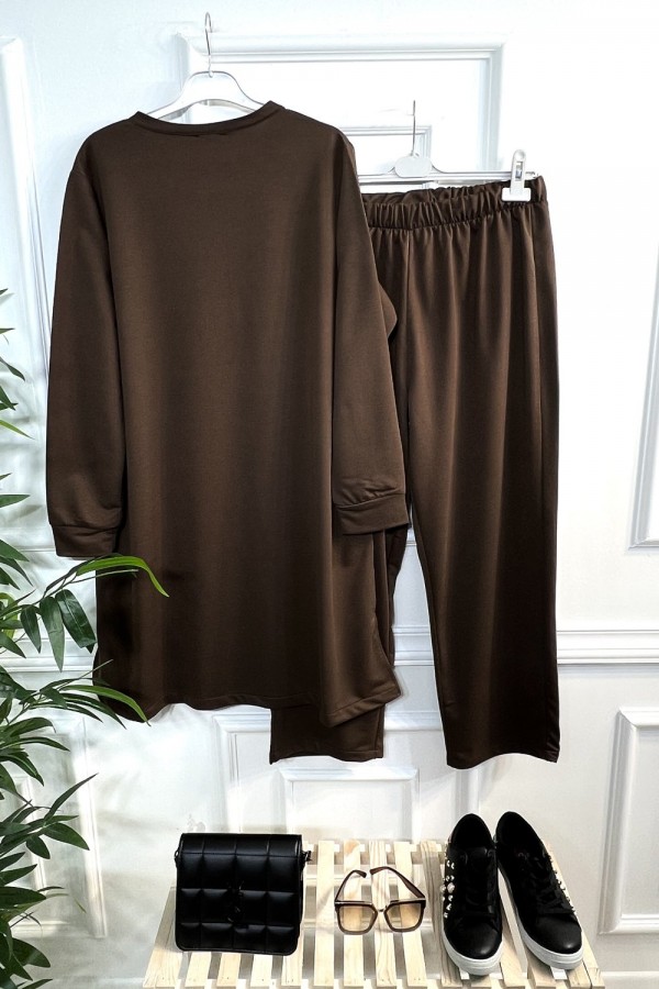 Kare Taş Detaylı Penye İkili Takım - Kahverengi Kare Taş Detaylı Penye İkili Takım - Kahverengi