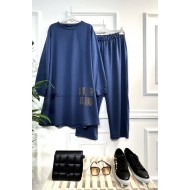 Kare Taş Detaylı Penye İkili Takım - İndigo 