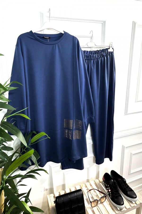 Kare Taş Detaylı Penye İkili Takım - İndigo Kare Taş Detaylı Penye İkili Takım - İndigo