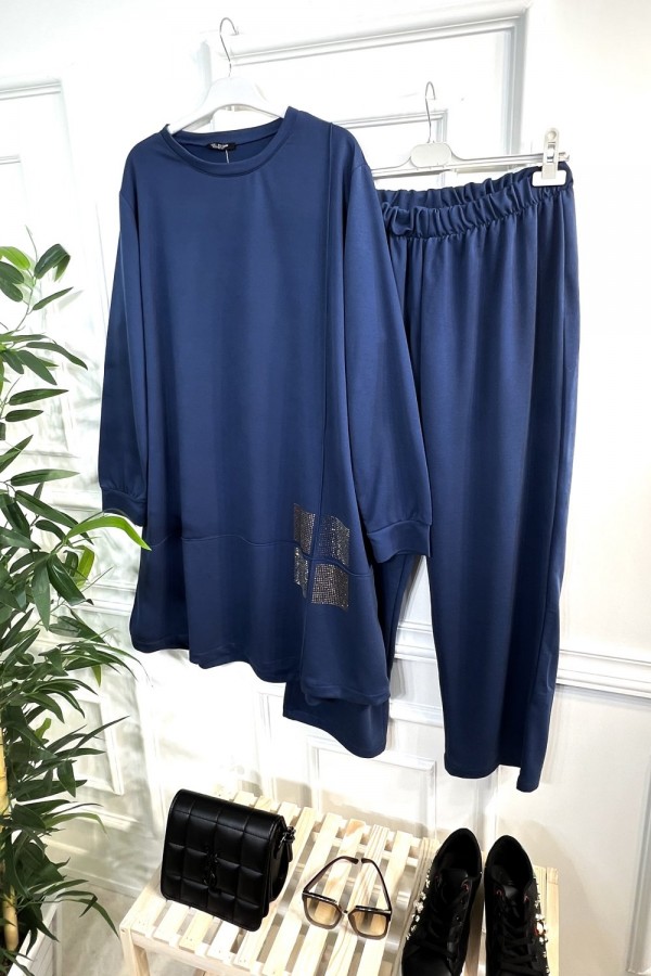 Kare Taş Detaylı Penye İkili Takım - İndigo Kare Taş Detaylı Penye İkili Takım - İndigo