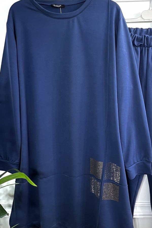 Kare Taş Detaylı Penye İkili Takım - İndigo Kare Taş Detaylı Penye İkili Takım - İndigo