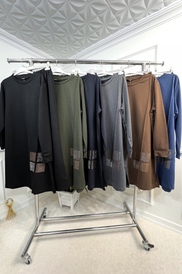 Kare Taş Detaylı Penye İkili Takım - İndigo Kare Taş Detaylı Penye İkili Takım - İndigo