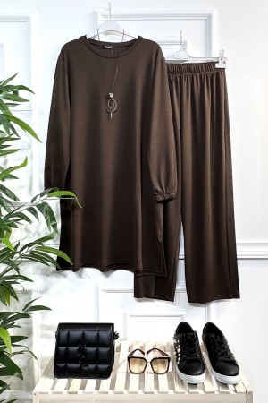 Defne Full Esnek Likralı İkili Takım-Kolye Hediyeli-Kahverengi