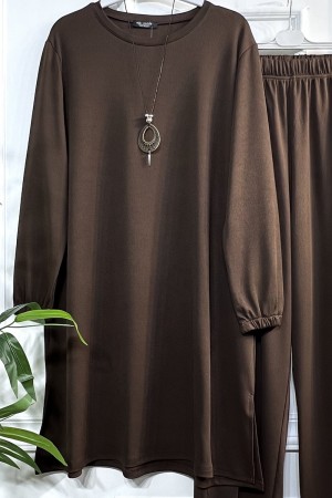 Defne Full Esnek Likralı İkili Takım-Kolye Hediyeli-Kahverengi