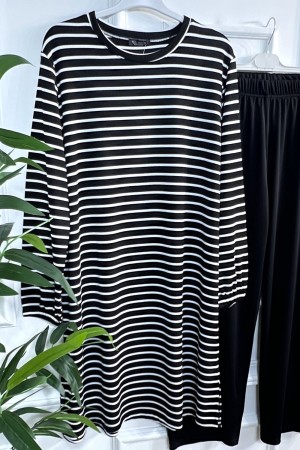 Tuana Çizgili Fitilli Krep Full Esnek İkili Takım - Siyah 