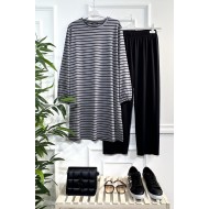 Tuana Çizgili Fitilli Krep Full Esnek İkili Takım - Gri Tuana Çizgili Fitilli Krep Full Esnek İkili Takım - Gri