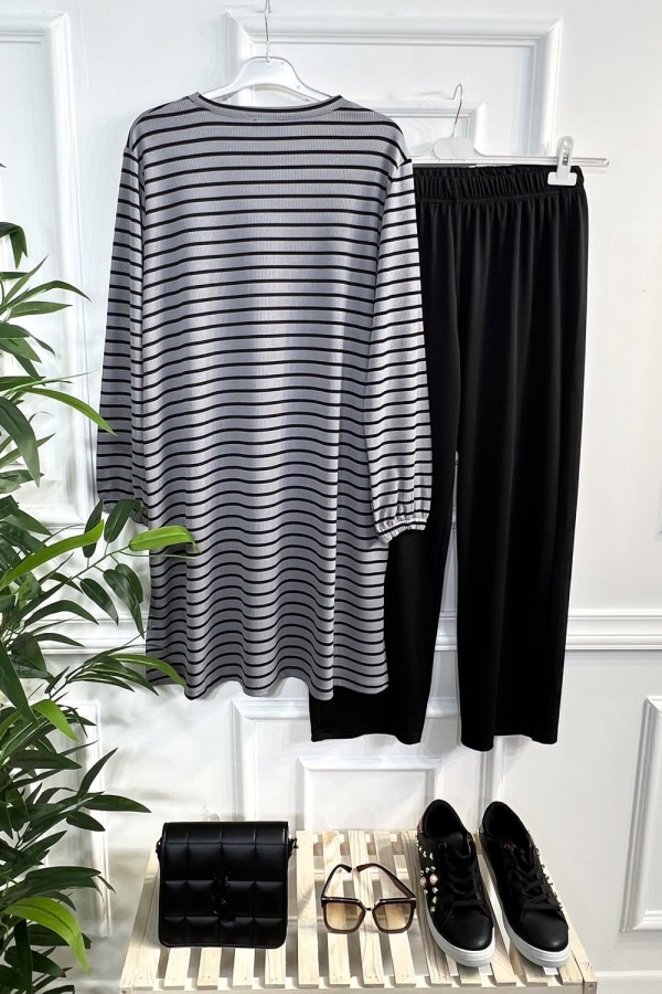 Tuana Çizgili Fitilli Krep Full Esnek İkili Takım - Gri Tuana Çizgili Fitilli Krep Full Esnek İkili Takım - Gri