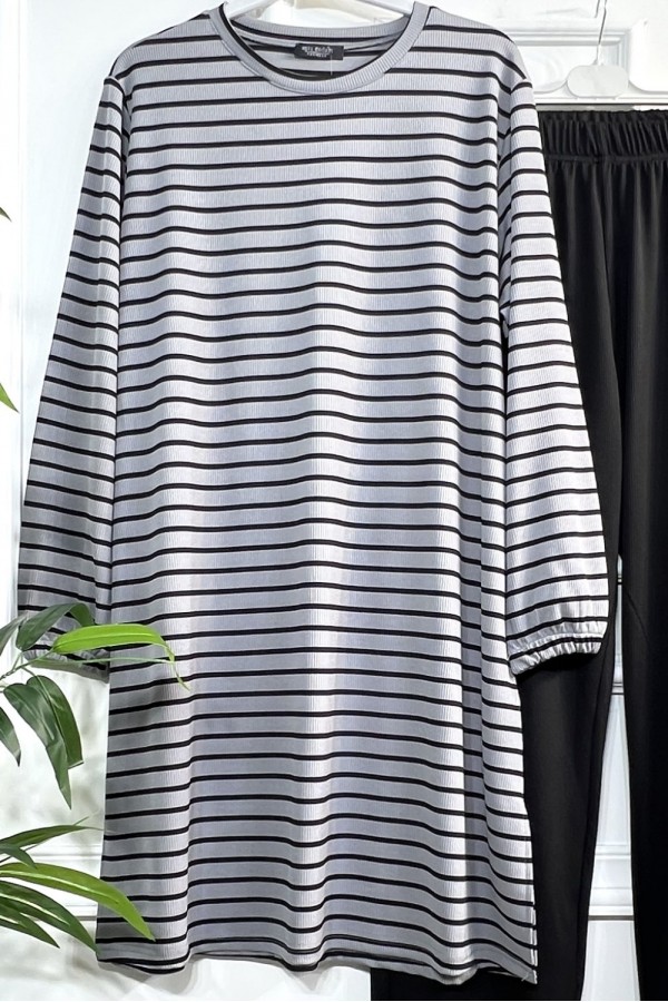 Tuana Çizgili Fitilli Krep Full Esnek İkili Takım - Gri Tuana Çizgili Fitilli Krep Full Esnek İkili Takım - Gri