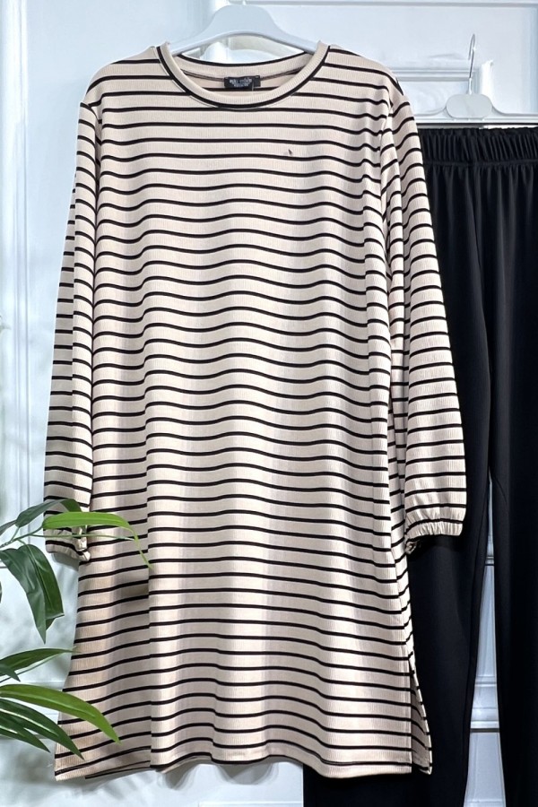 Tuana Çizgili Fitilli Krep Full Esnek İkili Takım - Vizon Tuana Çizgili Fitilli Krep Full Esnek İkili Takım - Vizon