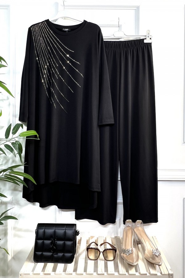 Cezire Taş Detaylı Full Esnek Sandy İkili Takım - Siyah Cezire Taş Detaylı Full Esnek Sandy İkili Takım - Siyah