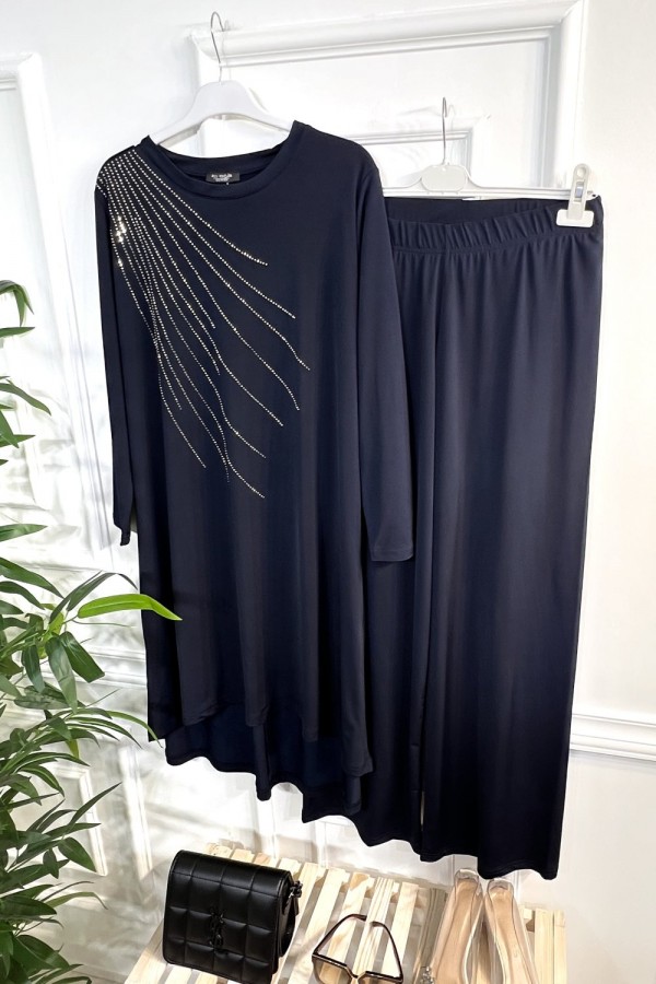 Cezire Taş Detaylı Full Esnek Sandy İkili Takım - Lacivert