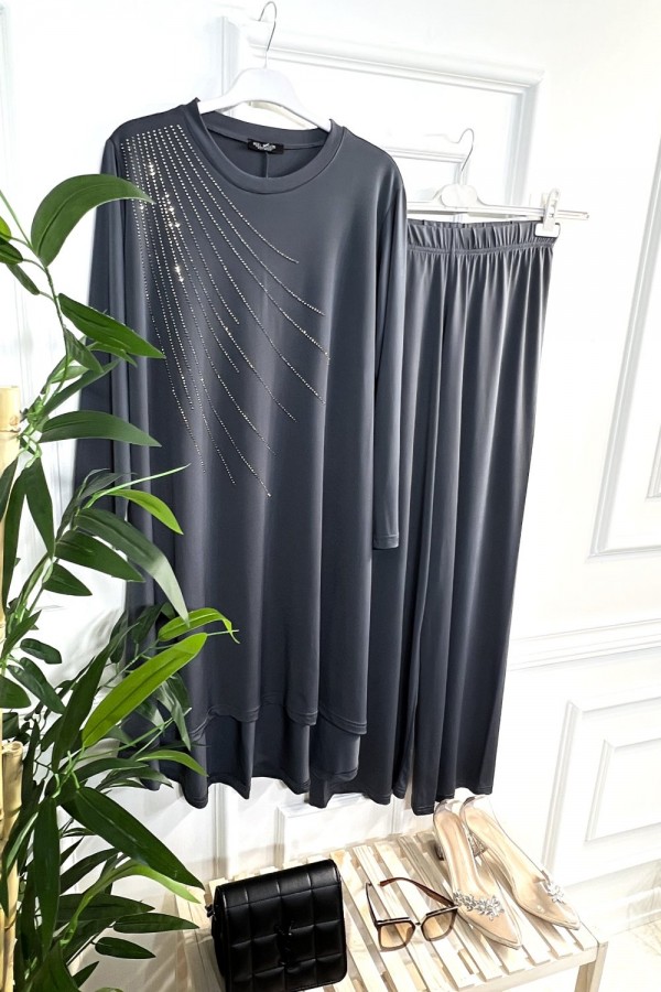 Cezire Taş Detaylı Full Esnek Sandy İkili Takım - Gri