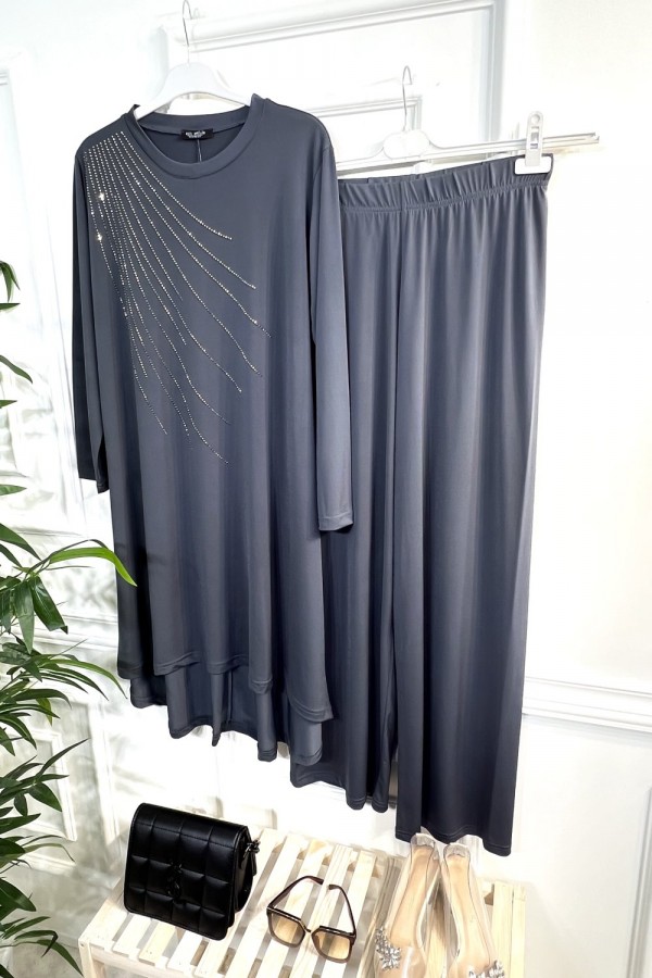 Cezire Taş Detaylı Full Esnek Sandy İkili Takım - Gri