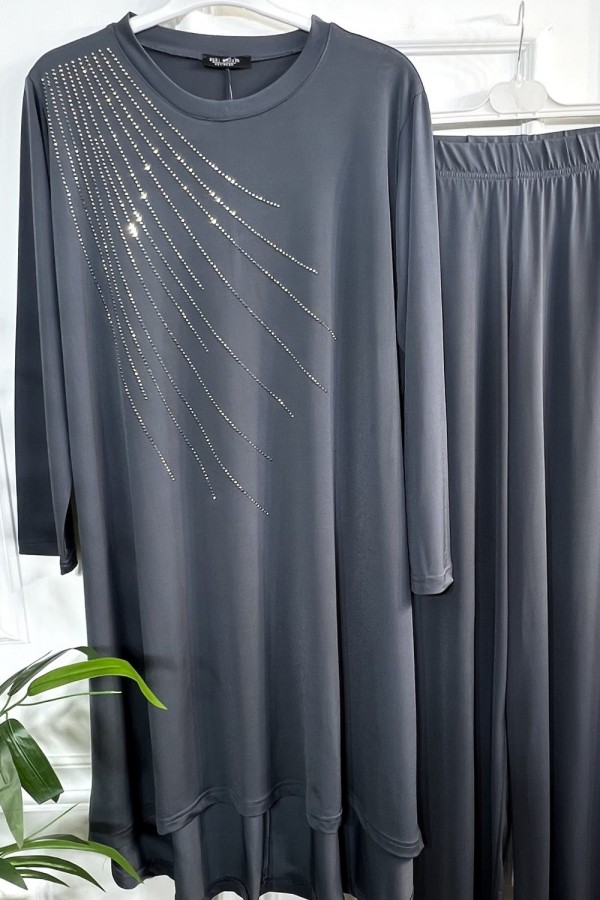 Cezire Taş Detaylı Full Esnek Sandy İkili Takım - Gri