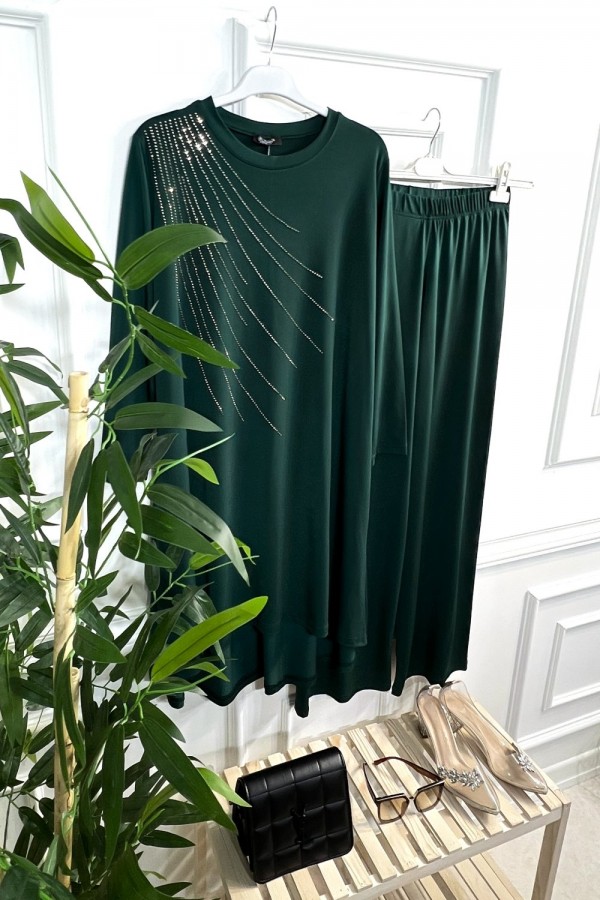 Cezire Taş Detaylı Full Esnek Sandy İkili Takım - Zümrüt