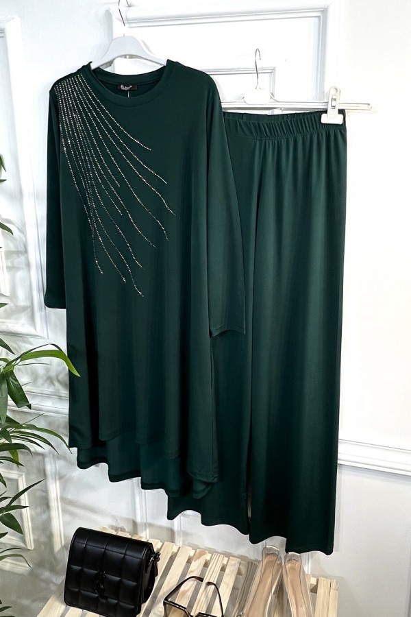 Cezire Taş Detaylı Full Esnek Sandy İkili Takım - Zümrüt