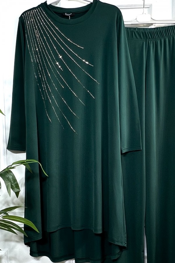 Cezire Taş Detaylı Full Esnek Sandy İkili Takım - Zümrüt