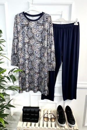 Esila Full Esnek Likralı Penye İkili Takım-Lacivert Şal Desen Esila Full Esnek Likralı Penye İkili Takım-Lacivert Şal Desen