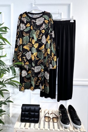 Esila Full Esnek Likralı Penye Viskon Takım-Sarı Yeşil Palmiye Desen Esila Full Esnek Likralı Penye Viskon Takım-Sarı Yeşil Palmiye Desen