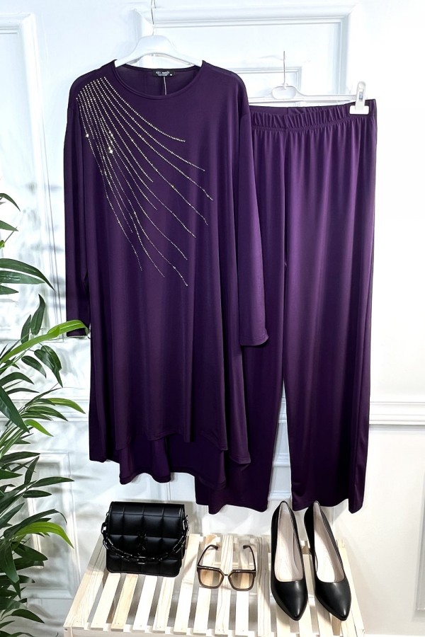 Cezire Taş Detaylı Full Esnek Sandy İkili Takım - Mürdüm Cezire Taş Detaylı Full Esnek Sandy İkili Takım - Mürdüm