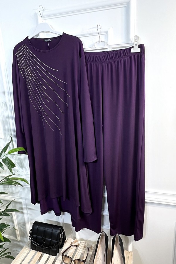 Cezire Taş Detaylı Full Esnek Sandy İkili Takım - Mürdüm Cezire Taş Detaylı Full Esnek Sandy İkili Takım - Mürdüm