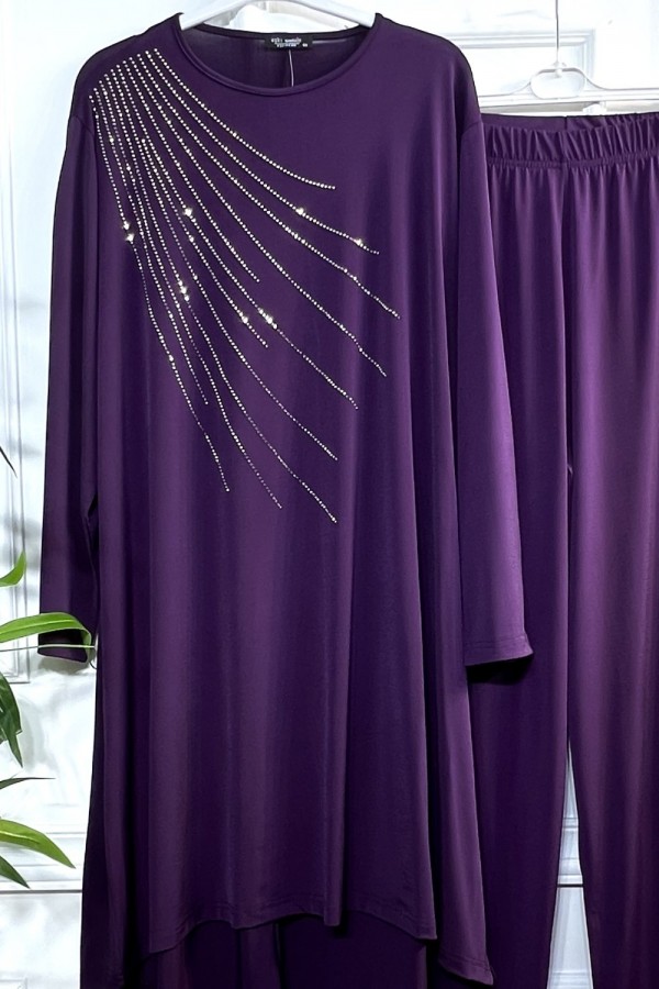 Cezire Taş Detaylı Full Esnek Sandy İkili Takım - Mürdüm Cezire Taş Detaylı Full Esnek Sandy İkili Takım - Mürdüm