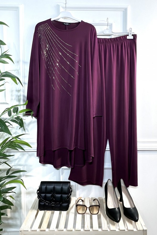 Cezire Taş Detaylı Full Esnek Sandy İkili Takım - Vişne Cezire Taş Detaylı Full Esnek Sandy İkili Takım - Vişne