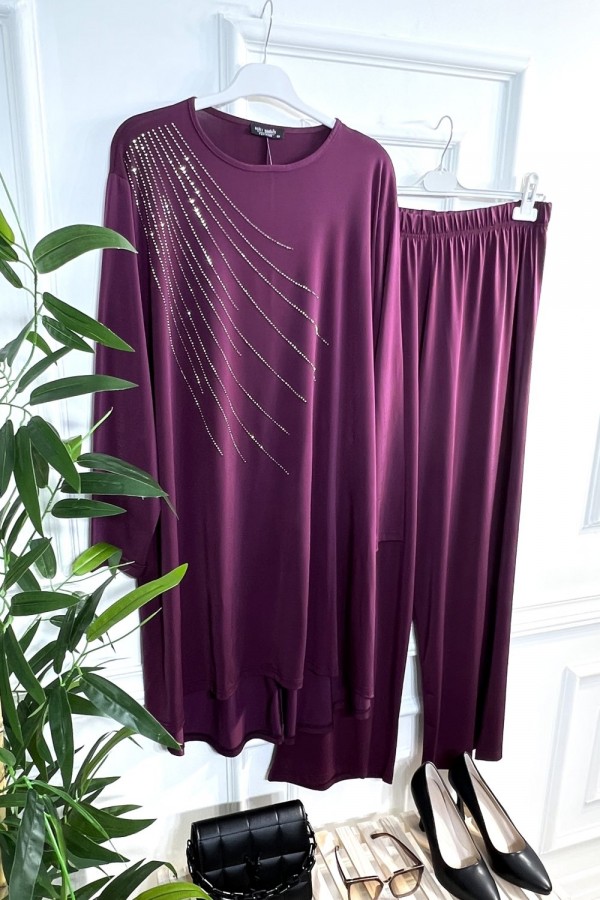 Cezire Taş Detaylı Full Esnek Sandy İkili Takım - Vişne Cezire Taş Detaylı Full Esnek Sandy İkili Takım - Vişne