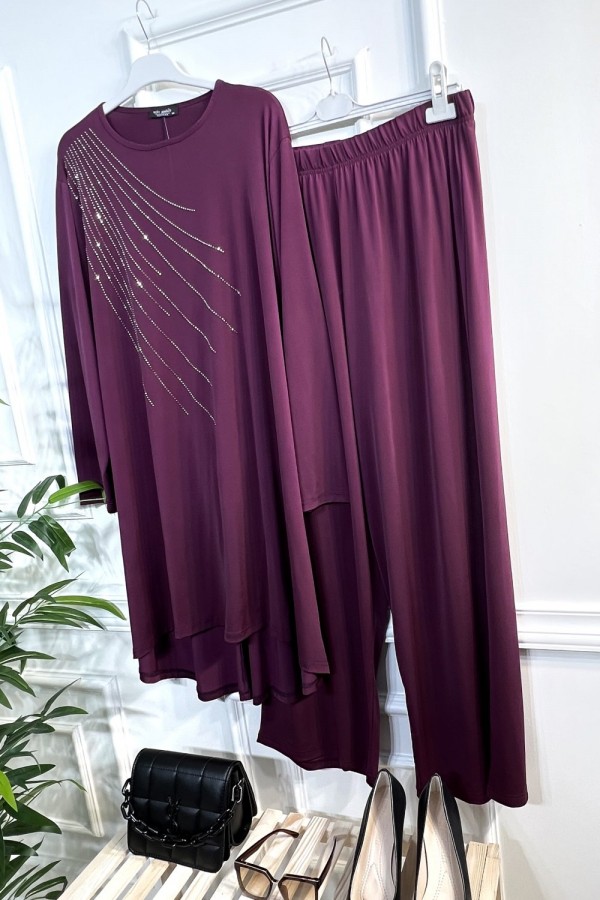 Cezire Taş Detaylı Full Esnek Sandy İkili Takım - Vişne Cezire Taş Detaylı Full Esnek Sandy İkili Takım - Vişne