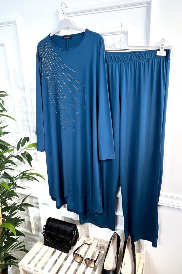 Cezire Taş Detaylı Full Esnek Sandy İkili Takım - Petrol Cezire Taş Detaylı Full Esnek Sandy İkili Takım - Petrol