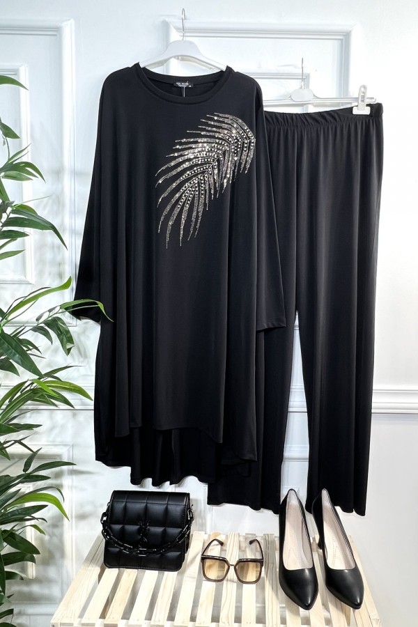 Firuze Full Esnek Likralı Taş ve İncili İkili Takım-Siyah Firuze Full Esnek Likralı Taş ve İncili İkili Takım-Siyah