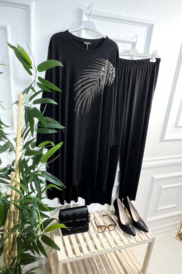 Firuze Full Esnek Likralı Taş ve İncili İkili Takım-Siyah Firuze Full Esnek Likralı Taş ve İncili İkili Takım-Siyah