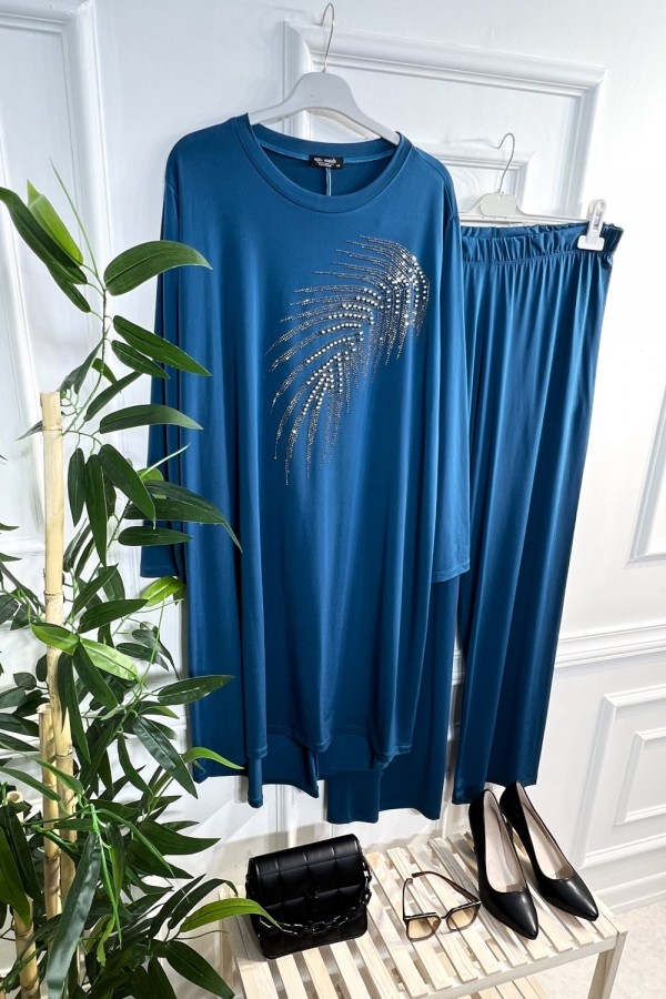 Firuze Full Esnek Likralı Taş ve İncili İkili Takım-Petrol