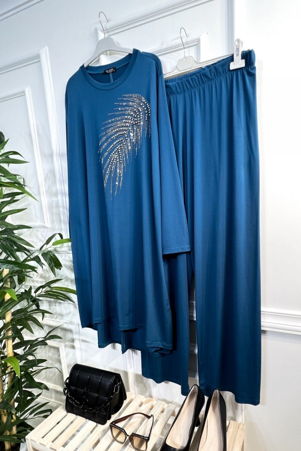 Firuze Full Esnek Likralı Taş ve İncili İkili Takım-Petrol