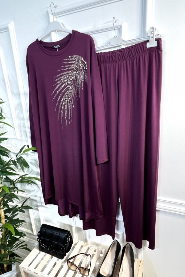 Firuze Full Esnek Likralı Taş ve İncili İkili Takım-Vişne