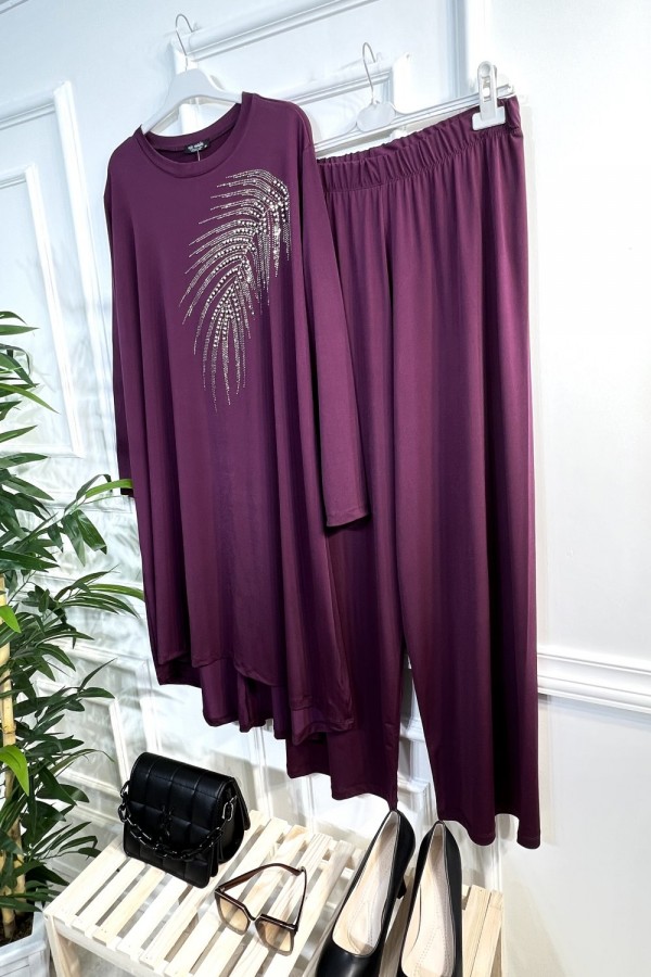 Firuze Full Esnek Likralı Taş ve İncili İkili Takım-Vişne