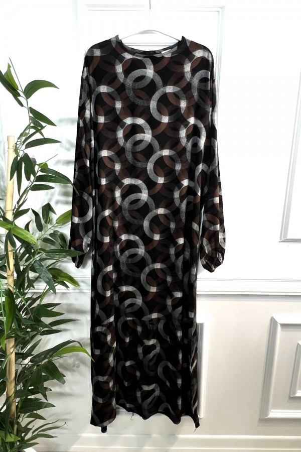 Şahane Pamuk Viskon Uzun Elbise - Siyah Kahve Halka Şahane Pamuk Viskon Uzun Elbise - Siyah Kahve Halka