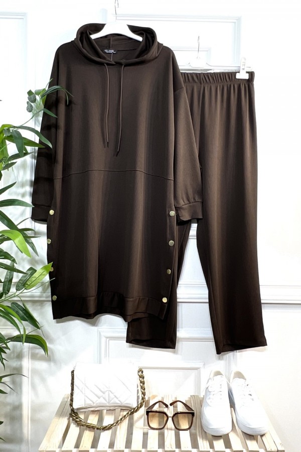 Hayat Full Esnek Likralı Fitilli Penye Kapşonlu Takım - Kahverengi Hayat Full Esnek Likralı Fitilli Penye Kapşonlu Takım - Kahverengi