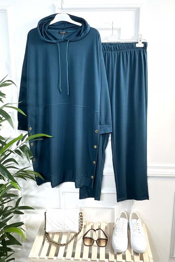 Hayat Full Esnek Likralı Fitilli Penye Kapşonlu Takım - Petrol Hayat Full Esnek Likralı Fitilli Penye Kapşonlu Takım - Petrol