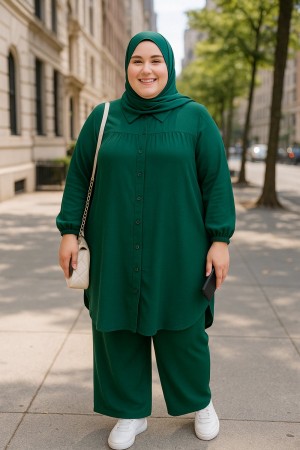 Majeste Önü Pileli Ayrobin İkili Takım - Zümrüt