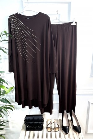 Cezire Taş Detaylı Full Esnek Sandy İkili Takım - Kahverengi Cezire Taş Detaylı Full Esnek Sandy İkili Takım - Kahverengi