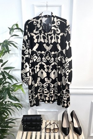 Mihrimah Gizli Düğmeli Pamuk Viskon Tunik Gömlek-Siyah Taş Tetri