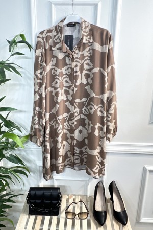 Mihrimah Gizli Düğmeli Pamuk Viskon Tunik Gömlek-Vizon Taş Tetri