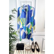 Mihrimah Gizli Düğmeli Pamuk Viskon Tunik Gömlek-Saks Yeşil Geo