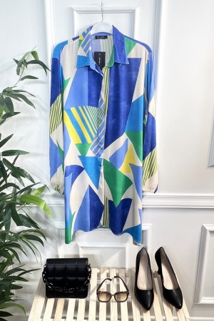 Mihrimah Gizli Düğmeli Pamuk Viskon Tunik Gömlek-Saks Yeşil Geo