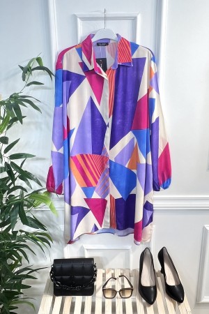 Mihrimah Gizli Düğmeli Pamuk Viskon Tunik Gömlek-Fuşya Lila Geo