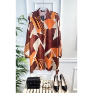 Mihrimah Gizli Düğmeli Pamuk Viskon Tunik Gömlek-Oranj Kiremit Geo